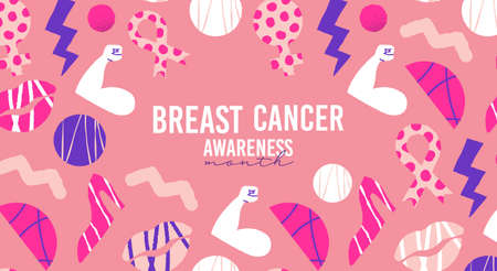 Breast Cancer month banner illustration of colorful pink doodle decoration. Prevention and awareness holiday event background includes woman symbol, ribbon, geometric shape and hand drawn icons.のイラスト素材