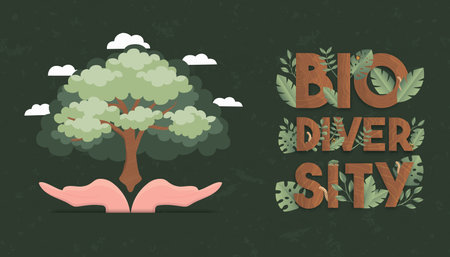 Biodiversity banner illustration of human hands holding big green tree. Nature care or eco friendly campaign concept.のイラスト素材