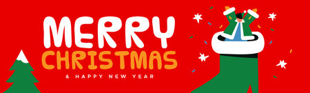 Merry Christmas Happy New Year web banner illustration. Funny little kid character inside santa claus boot. Xmas holiday party design for invitation or seasonal wishes in modern flat cartoon style.のイラスト素材