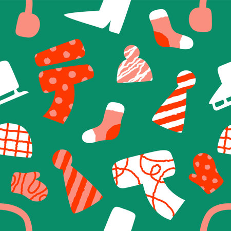 Christmas season clothes seamless pattern illustration. Festive winter clothing cartoon background in hand drawn doodle style for december holiday or xmas gift wrapping paper.のイラスト素材