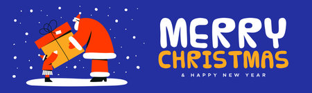 Merry Christmas and Happy New Year web banner illustration. Funny santa claus character giving big gift box to kid. Traditional xmas holiday present scene in modern flat cartoon style.のイラスト素材