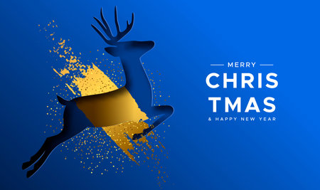 Merry Christmas Happy New Year greeting card of paper cut reindeer with luxury gold paint and golden glitter dust. Elegant holiday party invitation or festive blue background design.のイラスト素材