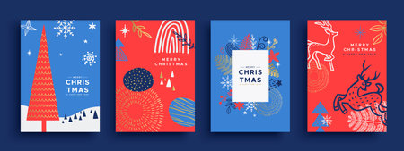 Merry Christmas Happy New Year hand drawn greeting set card. Collection of winter elements decoration, cute scandinavian cartoon doodle design for party invitation or xmas season wish.のイラスト素材