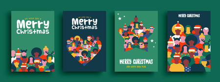 Merry Christmas greeting card illustration set of diverse festive people crowd wearing xmas clothes and holiday decoration. Winter celebration event backgrounds with crowd of friends in heart and star shape.のイラスト素材