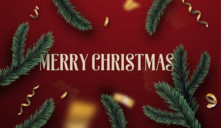 Merry Christmas greeting card illustration. Luxury 3d elements on red background with golden party confetti and christmas pine tree branch. Elegant holiday event invitation design.のイラスト素材