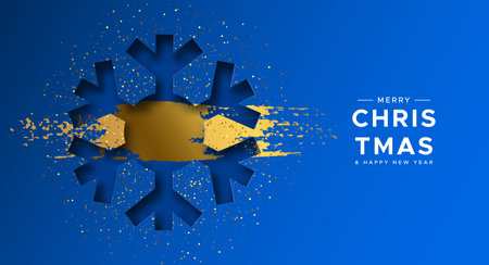Merry Christmas Happy New Year greeting card or banner of paper cut snowflake with luxury gold paint and golden glitter dust. Elegant holiday party invitation or festive blue background design.のイラスト素材