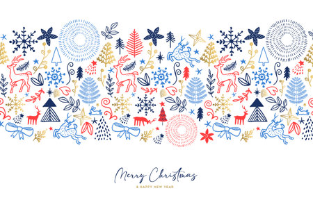 Merry Christmas Happy New Year hand drawn greeting card. Winter elements decoration, cute scandinavian cartoon doodle design for party invitation or xmas season wish.のイラスト素材