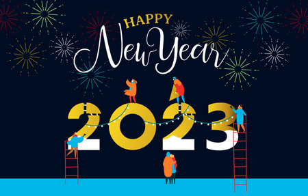 Happy New Year 2023 greeting card of young people team working together making big calendar date number sign with party fireworks. Friend group or family holiday help concept.のイラスト素材