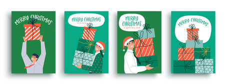 Christmas office party invitation greeting card set illustration of business woman and man holding big gift box pile. Winter holiday celebration design for corporate event RSVP.のイラスト素材