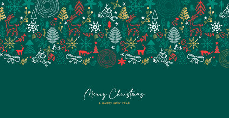 Merry Christmas Happy New Year hand drawn social media banner. Winter elements decoration in green background, cute scandinavian cartoon doodle design for party invitation or xmas season wish.のイラスト素材