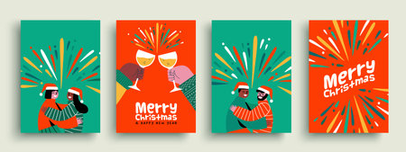 Merry Christmas Happy New Year greeting card illustration of diverse woman and man friends hugging. Holiday friendship celebration design in flat cartoon style.のイラスト素材