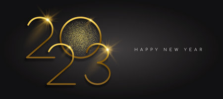 Happy New Year 2023 gold luxury greeting card design vector illustration. Calendar date number sign with golden glitter dust on black background.のイラスト素材