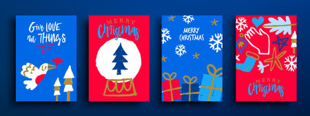 Merry Christmas greeting card collection of cute hand drawn festive doodle icons with positive motivation quote for holiday love and conscious consume awareness. Set festive template covers with text Give love not things.のイラスト素材