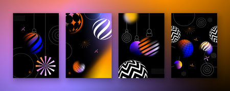 Happy New Year gift card set illustration in modern abstract geometric design style. Collection in colorful light blur gradient bauble decoration on black background for holiday celebration event.のイラスト素材