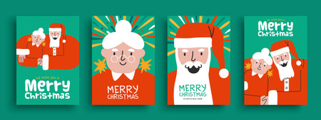 Merry Christmas greeting card illustration set of happy santa claus with wife. Funny winter holiday festive cartoon characters for xmas season celebration event.のイラスト素材