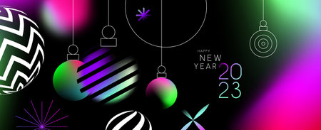 Happy New Year 2023 banner template illustration in modern abstract geometric design style. Colorful light blur gradient bauble decoration on black background for holiday celebration event.のイラスト素材