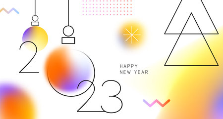 Happy New Year 2023 banner illustration in modern abstract geometric design style. Colorful light blur gradient bauble decoration on white background for holiday celebration event.のイラスト素材