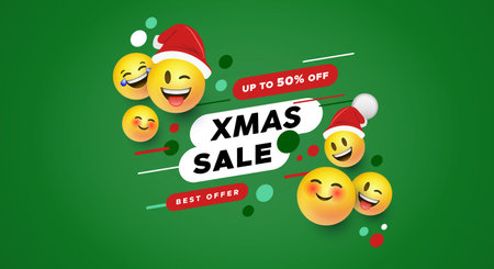 Modern Christmas sale banner with yellow smiley face icons in 3d style. Social web store discount concept for technology product or online promotion.のイラスト素材