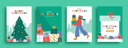 Special Christmas sale illustration set, woman walking in winter landscape, tree pine decorating and big gift box. Winter promotion for retail store collection template.のイラスト素材