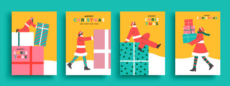 Merry Christmas greeting card set illustration of diverse people in santa claus costume with big xmas gift box. Holiday season scene collection, santa's helpers elf group working together.のイラスト素材