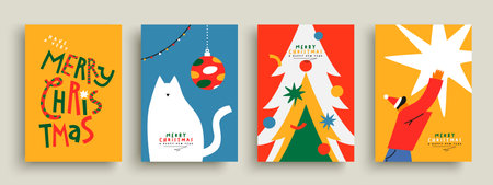 Merry Christmas greeting card set in flat color illustration. Man celebrating, xmas pine tree, colorful bauble with white cute cat and festive text quote. Happy people concept for holiday season collection design.のイラスト素材