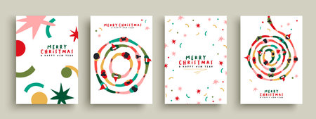 Merry christmas greeting card with big group of people holding hands together making round circle shape collection. Colorful diverse friend team concept, united community cartoon on isolated background card set for holiday season.のイラスト素材