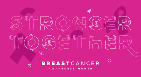 Breast Cancer Awareness month greeting card illustration of woman hands making Stronger Together quote sign. Modern flat cartoon outline arms for disease prevention, solidarity or charity campaign.のイラスト素材