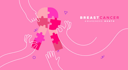 Breast Cancer Awareness month greeting card illustration of woman hands putting together pink ribbon symbol puzzle for disease prevention, solidarity or charity campaign concept. Modern flat cartoon outline arms.のイラスト素材