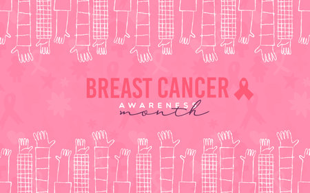 Breast Cancer Awareness month diverse people hands raised up together on pink background. Social team concept, community help for disease prevention, solidarity or charity campaign.のイラスト素材