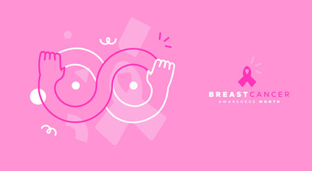 Breast Cancer Awareness month web template illustration. Infinity breasts sign made of girl arms together. Female teamwork concept, modern flat cartoon outline arms for disease prevention, solidarity or charity campaign.のイラスト素材