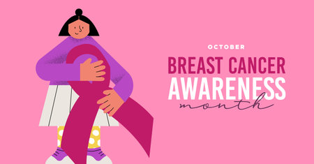 Breast Cancer Awareness month concept illustration with young woman cartoon and pink ribbon symbol. Modern flat cartoon girl character for disease prevention, solidarity or charity campaign.のイラスト素材