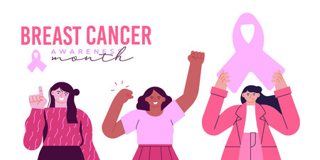 Breast Cancer Awareness month banner illustration. Diverse young women together raising hands pink ribbon symbol. Modern flat cartoon  character for disease prevention, solidarity or charity campaign.のイラスト素材