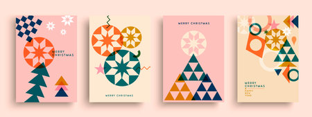 Merry Christmas Happy New Year greeting card collection. Modern folk art style xmas tree and abstract geometric shapes in festive transparent pastel colors. Poster illustration set.のイラスト素材