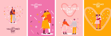 Diverse valentines day couple collection, pink people in love in modern flat style. Men and women characters hugging, holding hands, taking selfie in template design set for print, web promotion and greeting card.