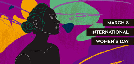 Women's Day greeting card template. Abstract female woman silhouette with colorful grunge background, line art brush and text. Template design for international women's event, feminism, empowerment and women's rightsのイラスト素材
