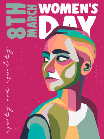 International womens day greeting card template with young woman face in pastel colors abstract collage design. Poster illustration for international women's event, feminism, empowerment, women rights, equity and equality concept.のイラスト素材