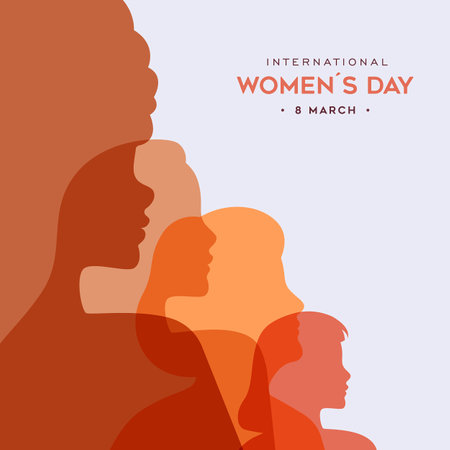 International Women's day greeting card, diverse people profile silhouettes in transparent pastel colors on isolated background. Different ethnicity face in minimalist style design for feminism, sisterhood, empowerment, activism and womens rights event.のイラスト素材