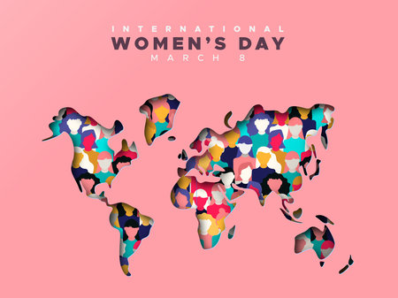 International womenâs day greeting card template illustration. 3D papercut world map symbol with diverse people group of different religion and culture decoration. Paper craft design for feminism, sisterhood, empowerment and activism for women rights event concept.のイラスト素材