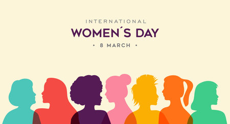 Women's day diverse people profile silhouettes in transparent colors on isolated background. Different ethnicity face in minimalist style design for feminism, sisterhood, empowerment, activism and womens rights event.のイラスト素材