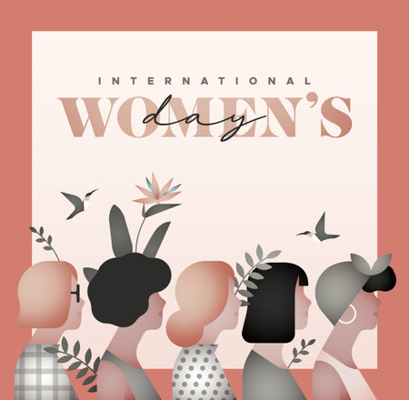 Happy Women Day greeting card illustration. Diverse young woman group together with tropical flower plant leaf and bird. Modern minimalist style design for march 8 international women's event.のイラスト素材