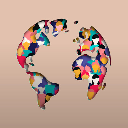 3D papercut world map greeting card template illustration with diverse people group of different culture decoration. Paper craft design for feminism, sisterhood, empowerment, activism for women rights event and womenâs day concept.のイラスト素材
