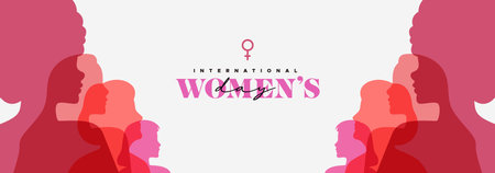 International Women's day social media banner, diverse people profile silhouettes in transparent pastel colors on isolated background. Different ethnicity face in minimalist style design for feminism, sisterhood, empowerment, activism and womens rights event.のイラスト素材