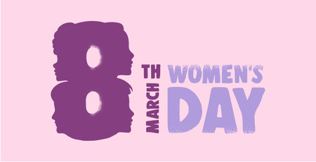 International Women's Day greeting card design. Diverse profiles of women in the shape of an 8. Flat design for feminism, sisterhood, empowerment and activism for women rights event concept.のイラスト素材