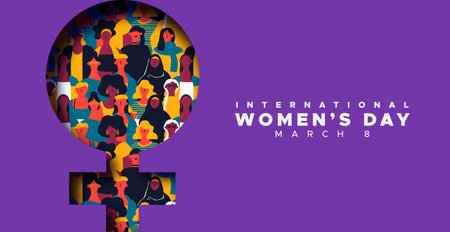 Happy Women's Day greeting card illustration. 3D papercut woman symbol with group of women from different cultures. Paper craft design for international womens event.のイラスト素材
