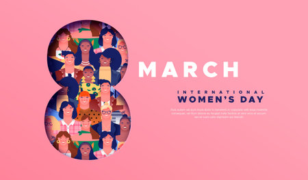 International womenâs day web template illustration. 3D papercut March 8 symbol with diverse group of people of different religion and culture decoration. Paper craft design for feminism, sisterhood, empowerment and activism for women rights event.のイラスト素材