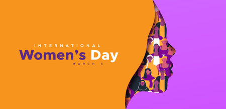 International womenâs day social media banner template. Purple 3D papercut female woman silhouette with diverse group of people of different religion and culture. Cute paper craft design for feminism, sisterhood, empowerment and activism for women rights event.のイラスト素材