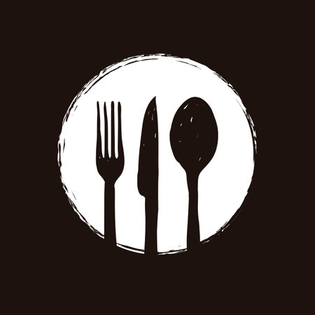 Cooking cuisine icon in black and white design. Kitchen utensils, fork spoon and knife in doodle style on isolated background. Monochrome vector logo illustration for menu,  restaurant or cafe.のイラスト素材
