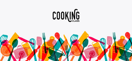 Cooking class horizontal frame template design. Diverse kitchen utensils in colorful transparent doodle style on isolated background. Multicolor vector illustration for book cover, greeting card, event invitation and promotional banner.のイラスト素材
