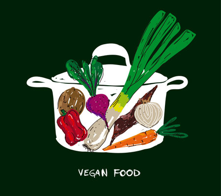 Fresh ingredients for vegetarian food. Cooking soup in a pot with potato, beet, bell pepper, leek, onion and carrot  in doodle style vector illustration. Design elements for vegan diet, raw food and organic products.のイラスト素材