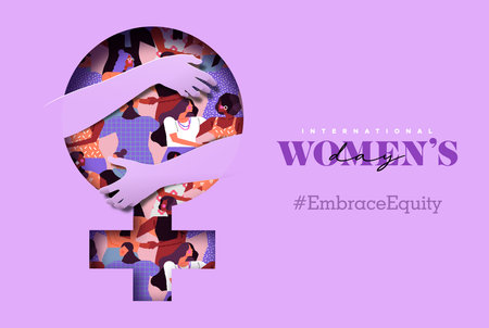 International Women's Day greeting card illustration. 3d papercut human hands hugging female symbol with diverse women group. Paper craft design for feminism, sisterhood, empowerment, activism for womens rights event and embrace equity concept.のイラスト素材